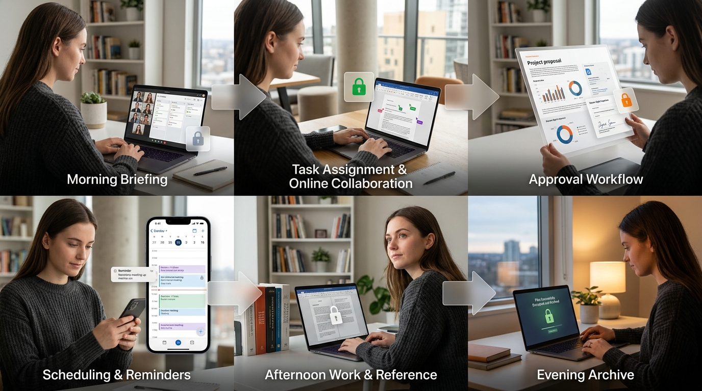 safew云办公助理串联远程团队一天工作流示意图